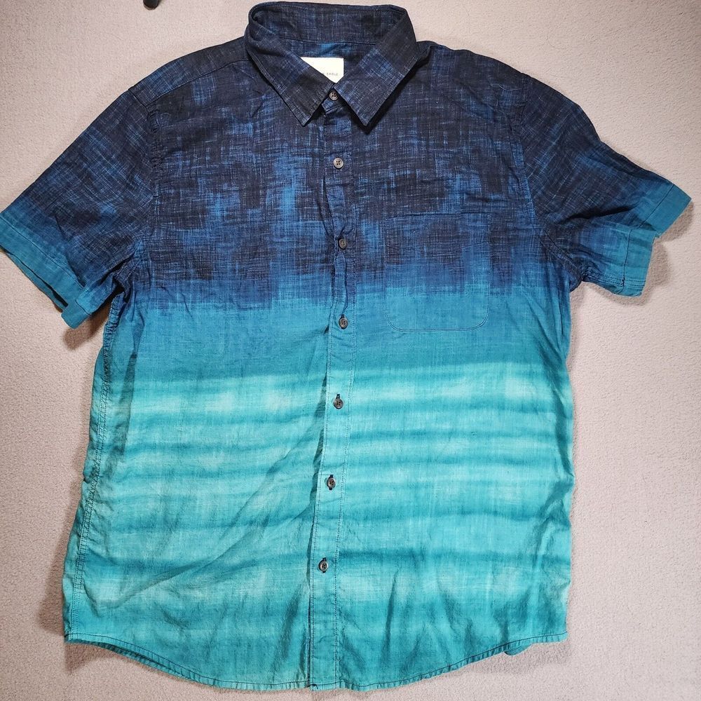 American Eagle Short Sleeve Button Shirt Blue Green Large 100% Cotton